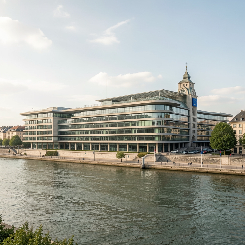 Zgrada Europskog parlamenta u Strasbourgu viđena izvana, moderna arhitektura uz rijeku, plavi znak EU
