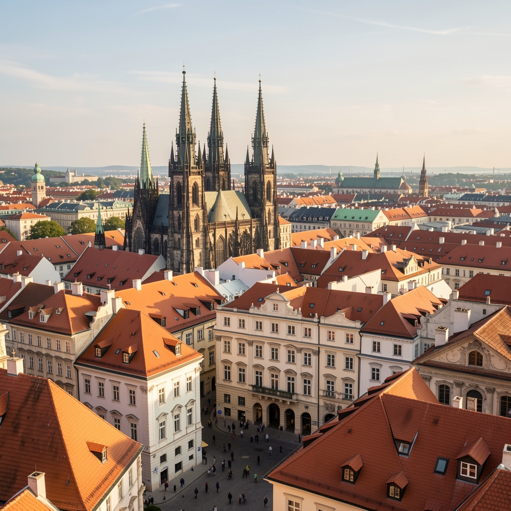 Panoramski pogled na Zagreb sa zvonicima katedrale i krovovima starogradske jezgre u toplom poslijepodnevnom svjetlu