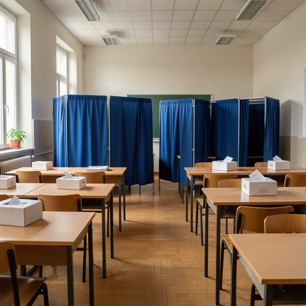 Glasačka mjesta u školskoj dvorani, plavi paravani za glasačke kabine, kutije za glasačke listiće na stolovima