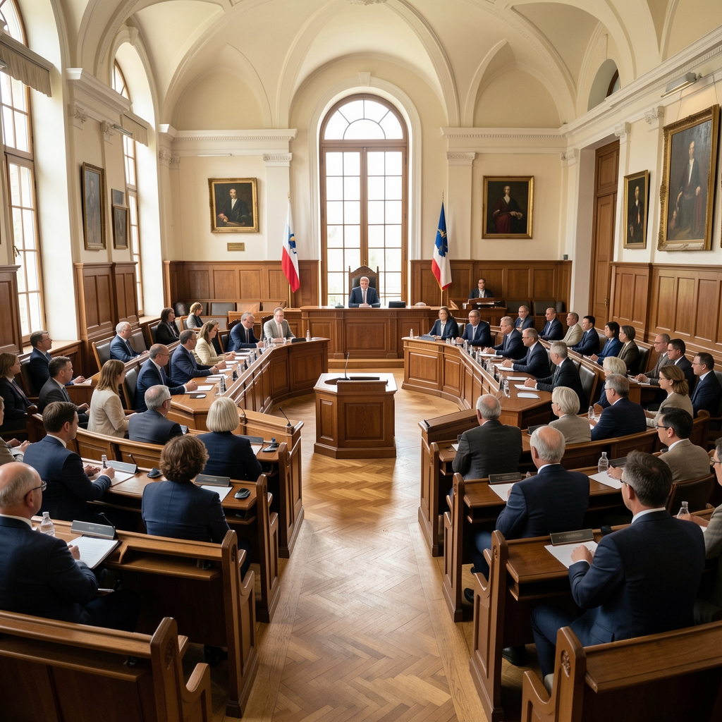 Saborska vijećnica u punom zasjedanju, zastupnici sjede na klupama, predsjednička klupa na podiju osvjetljena