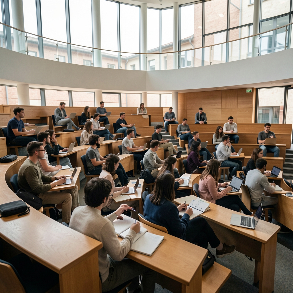 Studenti sjede u polukružnom amfiteatru modernog sveučilišnog zdanja, slušaju predavanje, notesi i laptopi na klupama