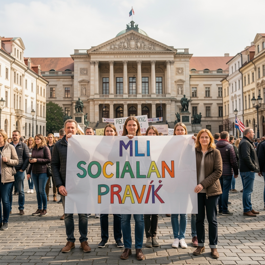 Mirni prosvjed građana na glavnom gradskom trgu, nosači transparenta s porukama o socijalnim pravima, u pozadini zgrade vlasti