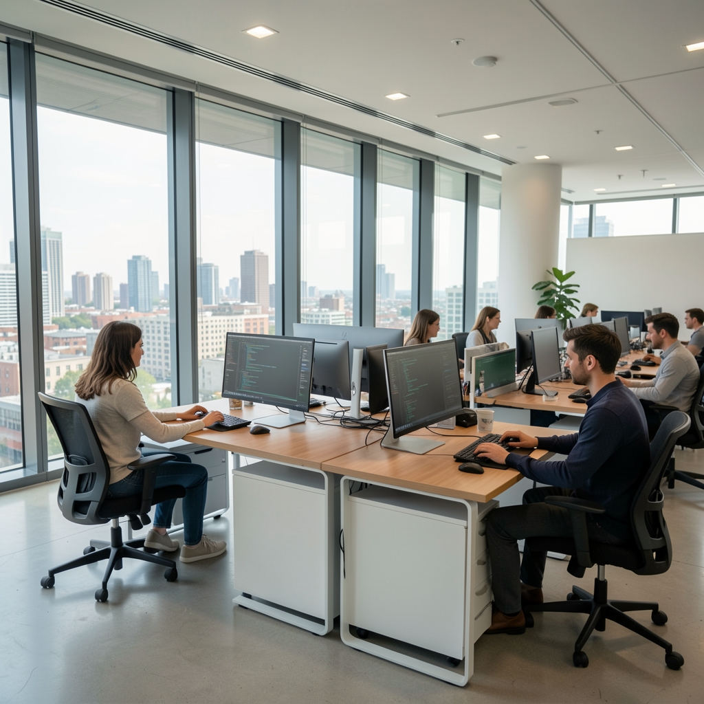 Moderan open-space ured s programerima koji rade na dual-monitor postajama, stakleniti uredski prostor s pogledom na grad