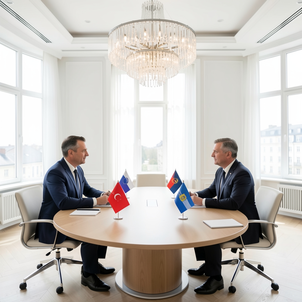Diplomatski razgovor dvojice čelnika za okruglim stolom s nacionalnim zastavicama, formalna dvorana s kristalnim lusterima