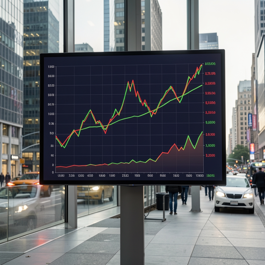 Grafički prikaz globalnih burzovnih indeksa na velikom monitoru u financijskom centru, crvene i zelene linije