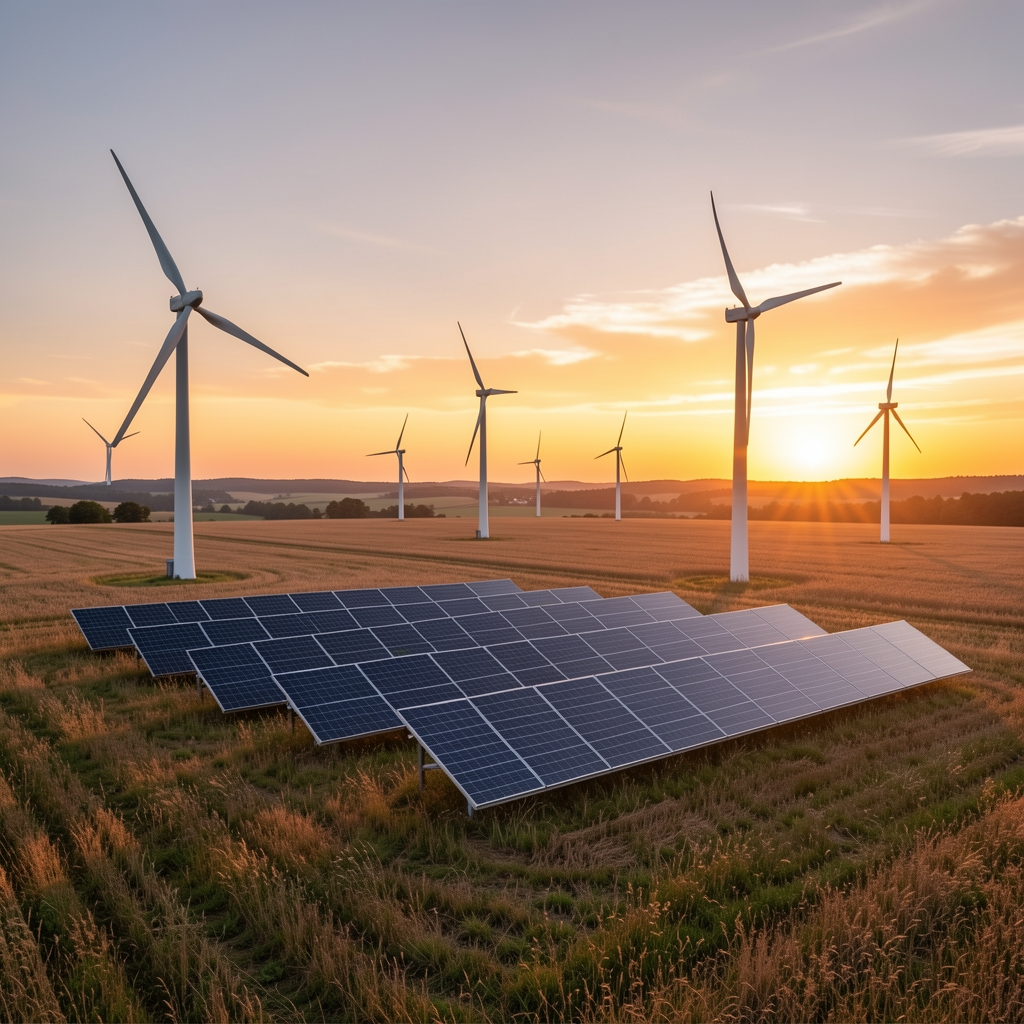 Solarni paneli i vjetroturbine u polju pri zalasku sunca, obnovljivi izvori energije u europskom krajoliku
