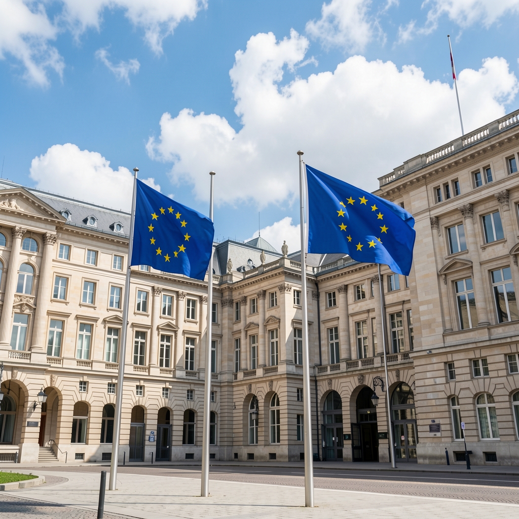 Zastave država članica EU ispred zgrade Europske komisije u Bruxellesu, nebo vedro s bijelim oblacima