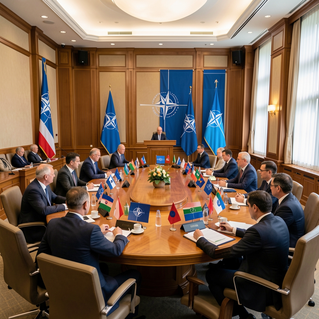 Sjednica NATO savjeta u sali za sastanke, okrugli stol s nacionalnim zastavama, delegati u odjelima